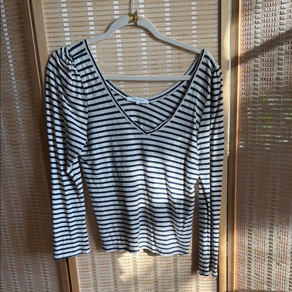Emerson Fry Puff Sleeve Stripe M Top White Blue Hemp Cotton Organic